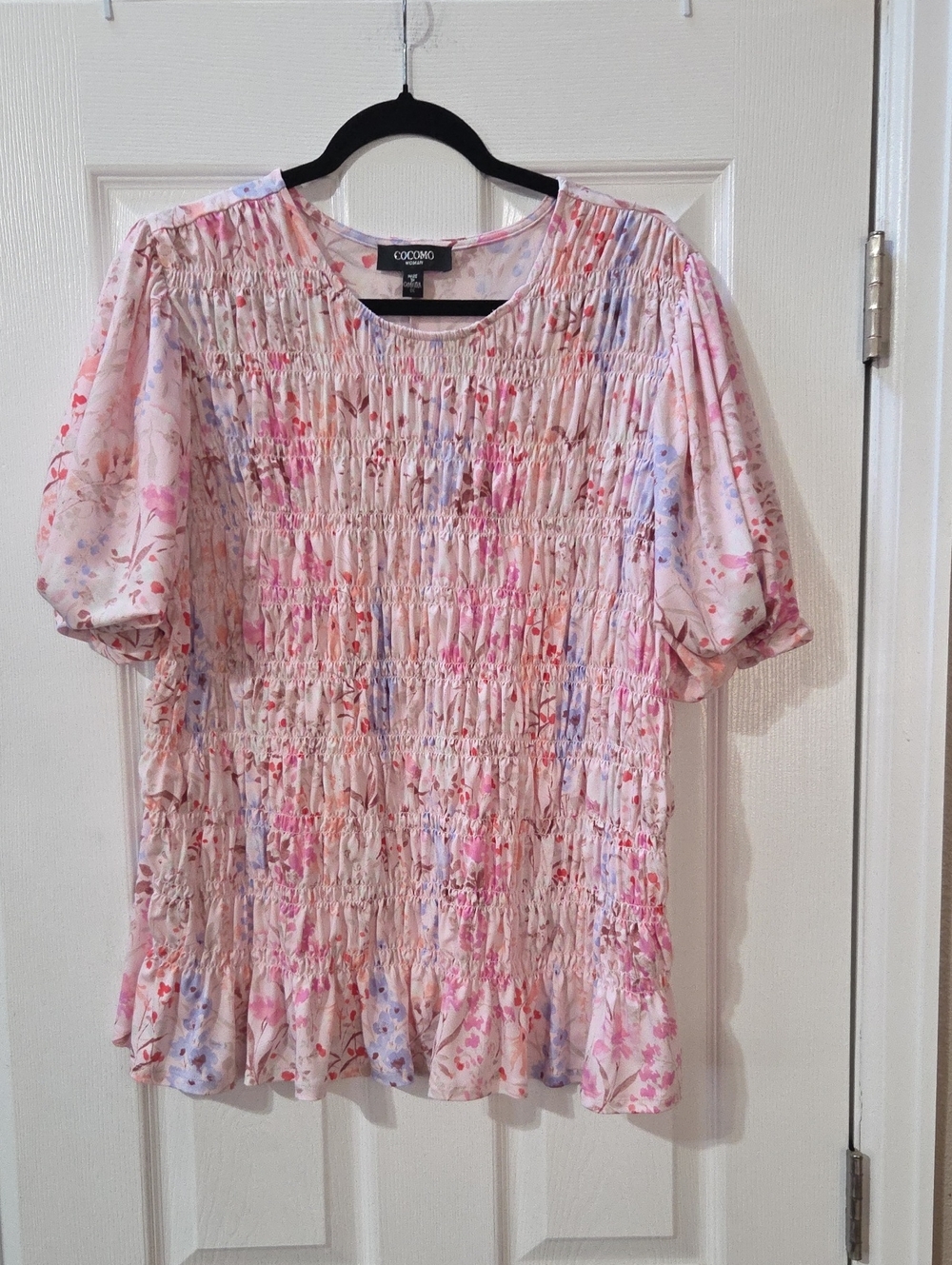 Cocomo Blush Pink Floral Smocked Puff-Sleeve Blouse